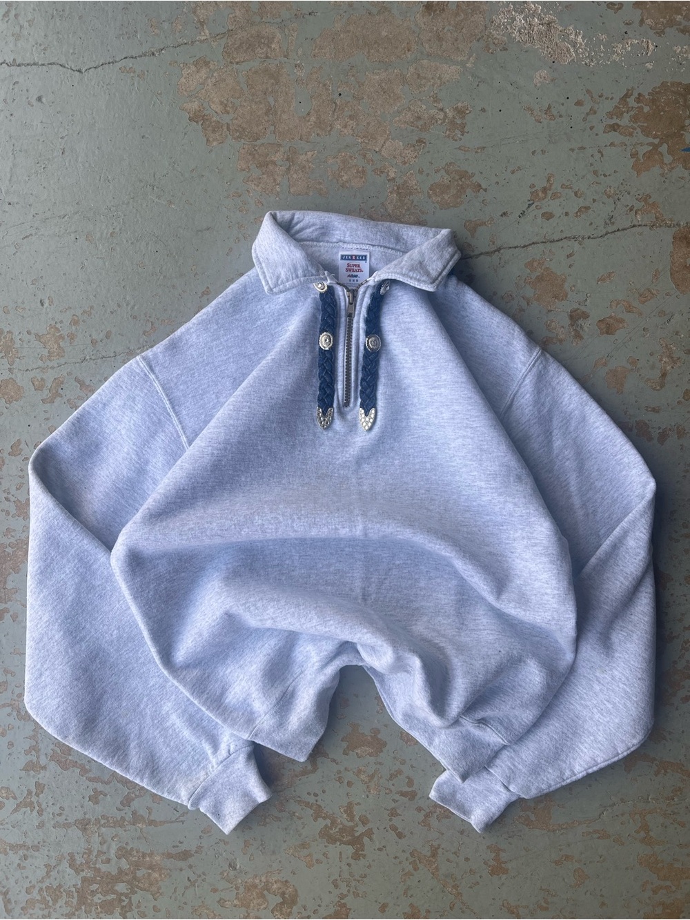 Vintage Western Jerzees Quarter-Zip Collared Sweater With Braided Placket Accent